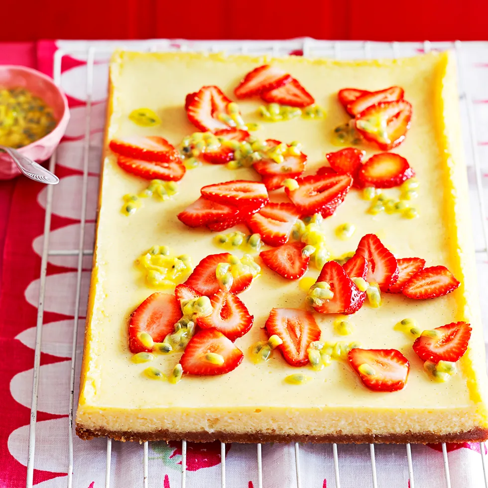 Julie Goodwin's sour cream cheesecake slice with strawberries and passionfruit