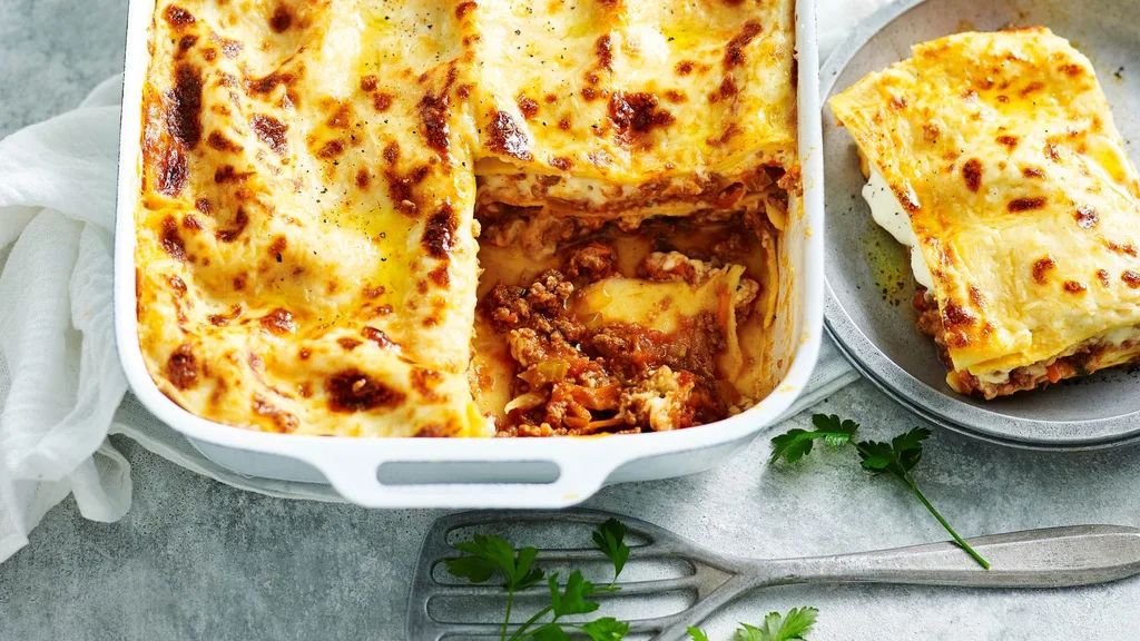 Classic beef lasagne in a baking dish