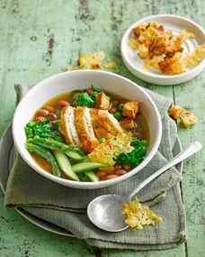 Chicken and vegetable soup with parmesan croutons