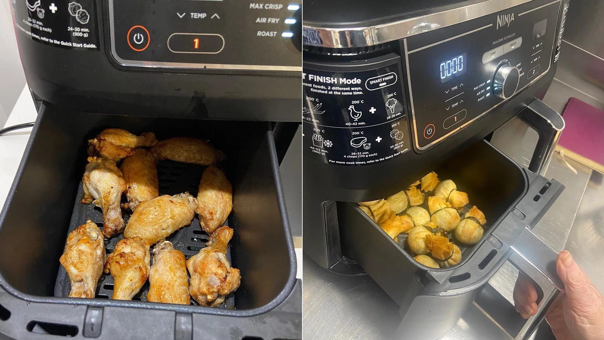 Chicken nibbles (left) cooked quickly in the air fryer and got five-star reviews from the kids, while the frozen money bags tested in the Test Kitchen had a high crunch factor.