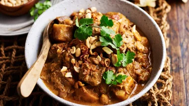 Slow cooker Massaman beef curry in a bowl, one of our slow cooker beef recipes