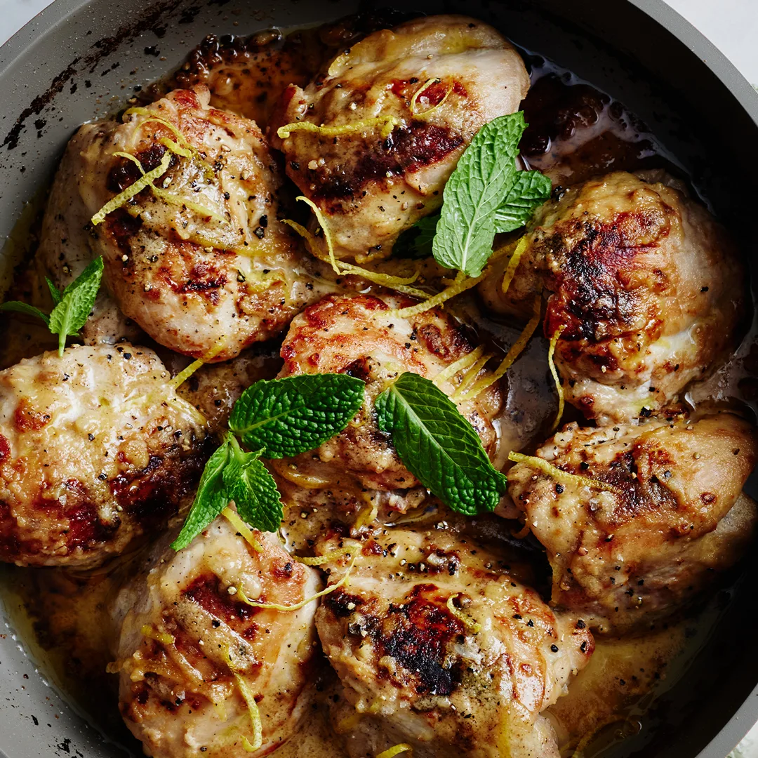 8 chicken breasts cooked in a skillet with tahini, lemon and mint.