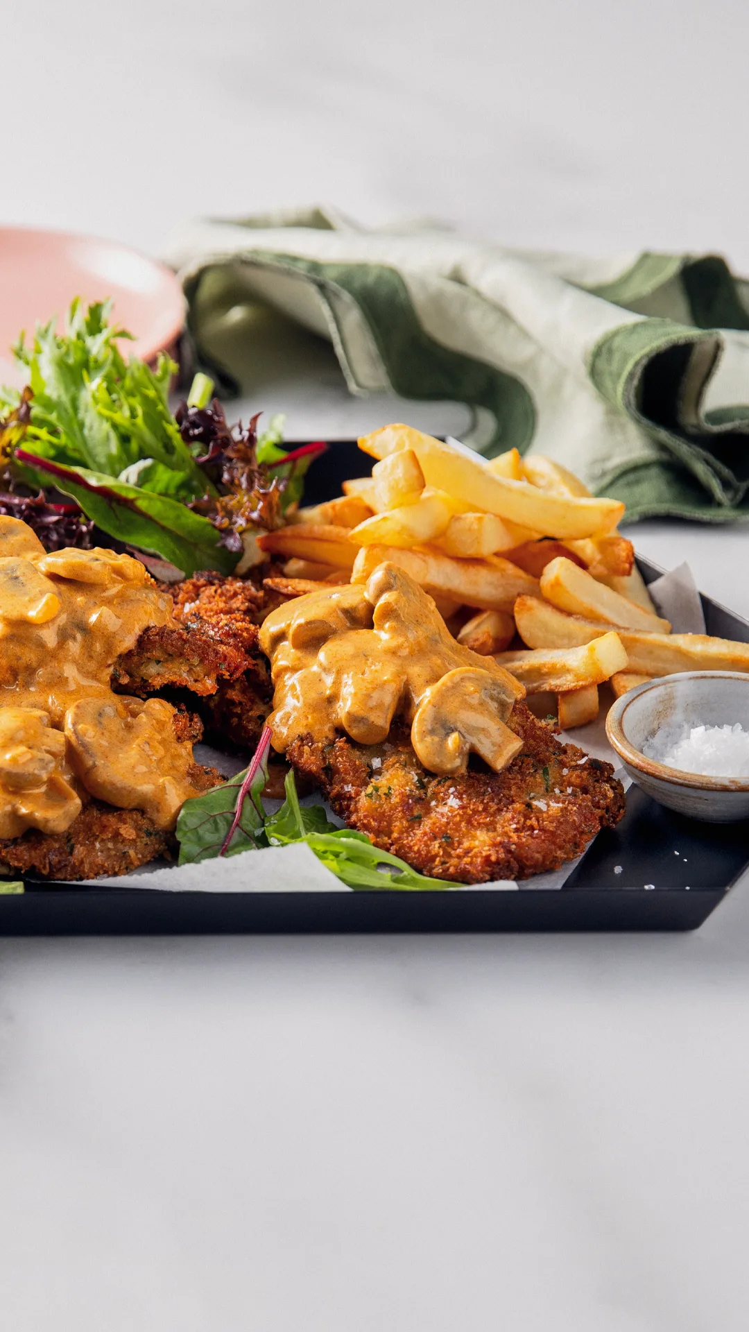 pork schnitzel with stroganoff sauce