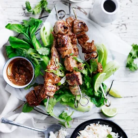 Pork skewers with satay sauce & coconut rice