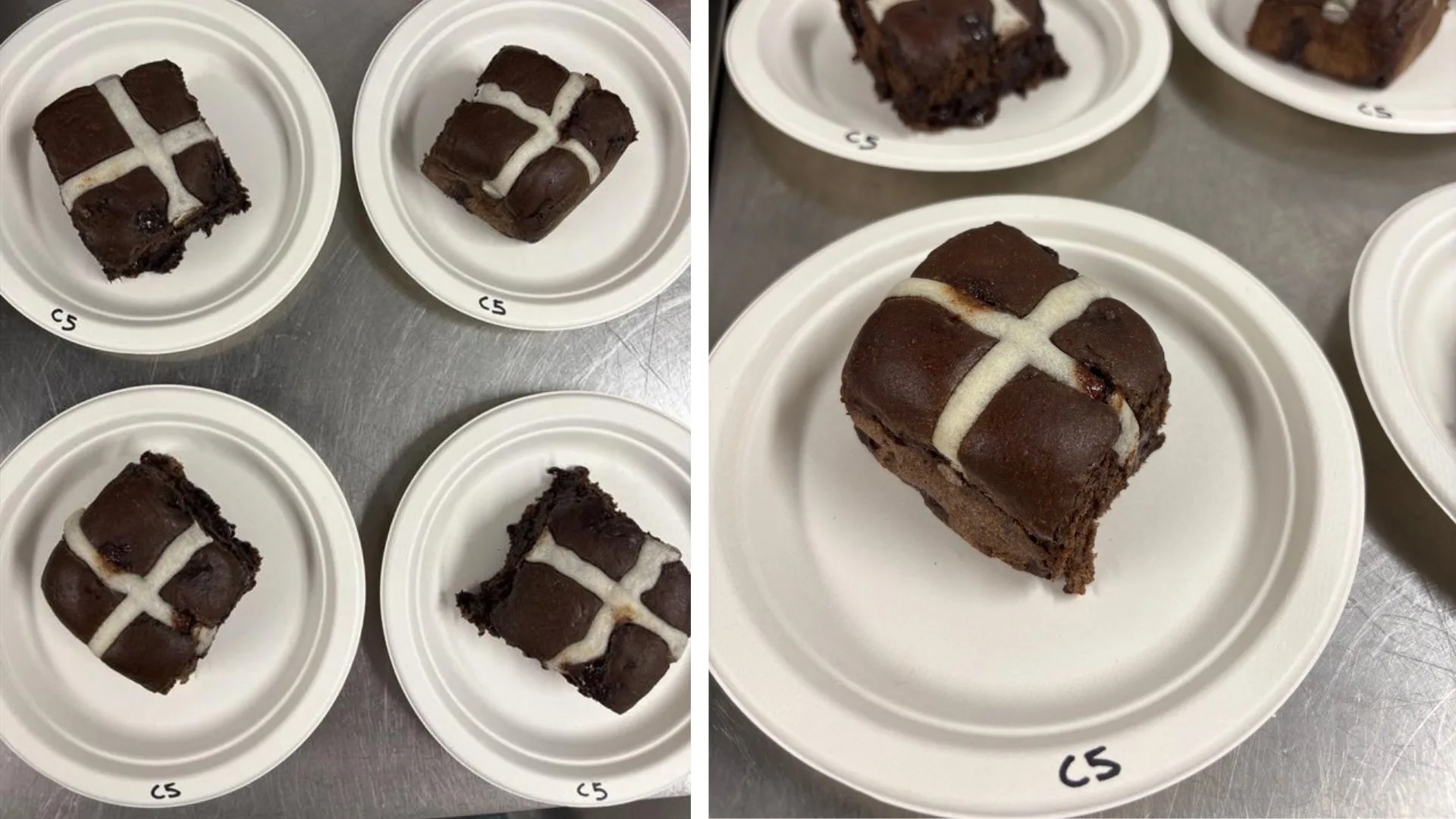 individual chocolate hot cross buns on white paper plates