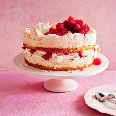 Raspberry dream cake on a cake stand