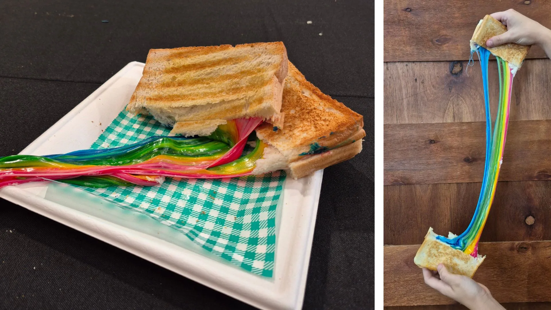rainbos toastie on a plate, with a second image of two hands pulling apart the toastie