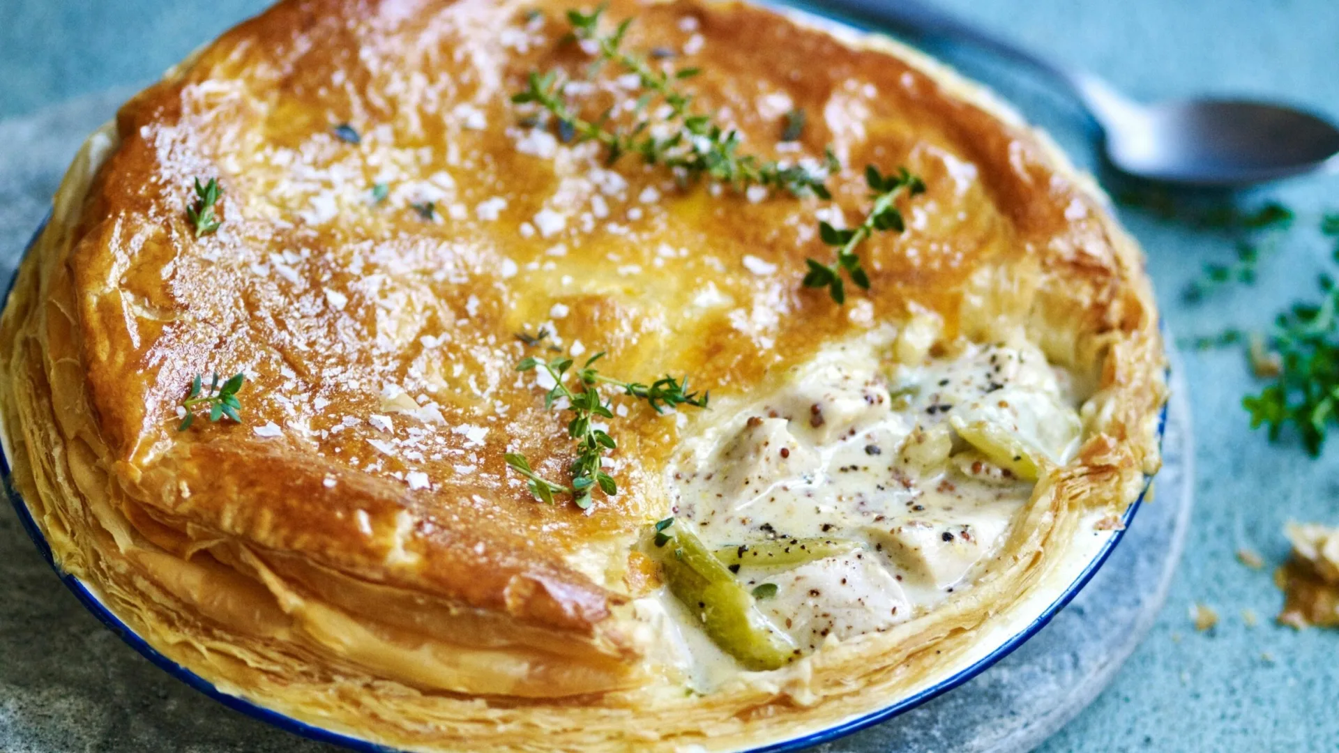Chicken and leek pie.