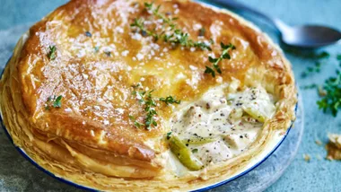 Chicken and leek pie.