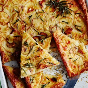 Focaccia cut into slabs and ready to eat