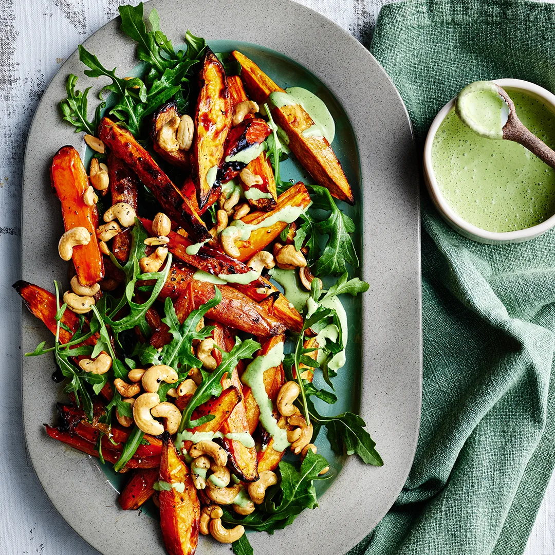 Roasted sweet potato wedges & green goddess dressing