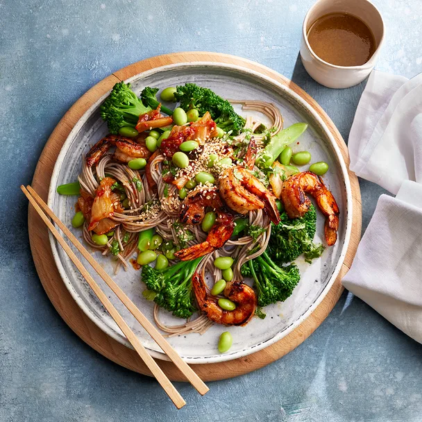 Soba noodles with prawns, kimchi & broccolini