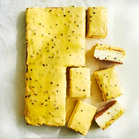 a half cut passionfruit cheesecake slice