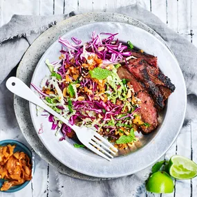 Korean beef salad with kimchi crunch slaw