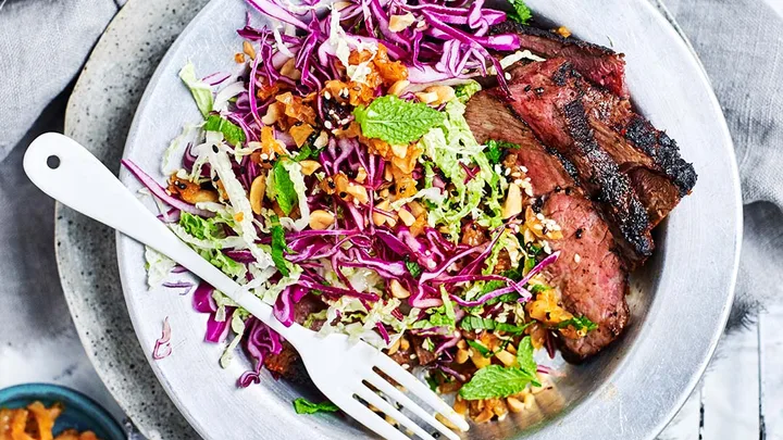 Korean beef salad with kimchi crunch slaw