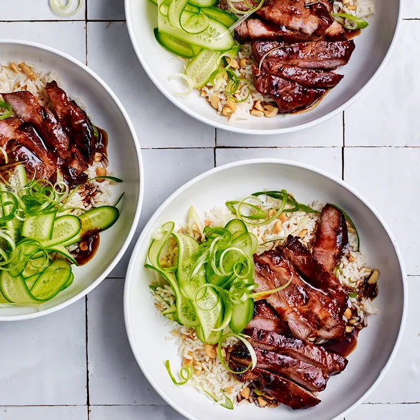 Air fryer hoisin pork steaks with peanut rice and cucumber salad