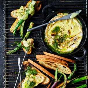 Baked brie fondue cooked on the BBQ served with grilled vegetables and ciabatta bread