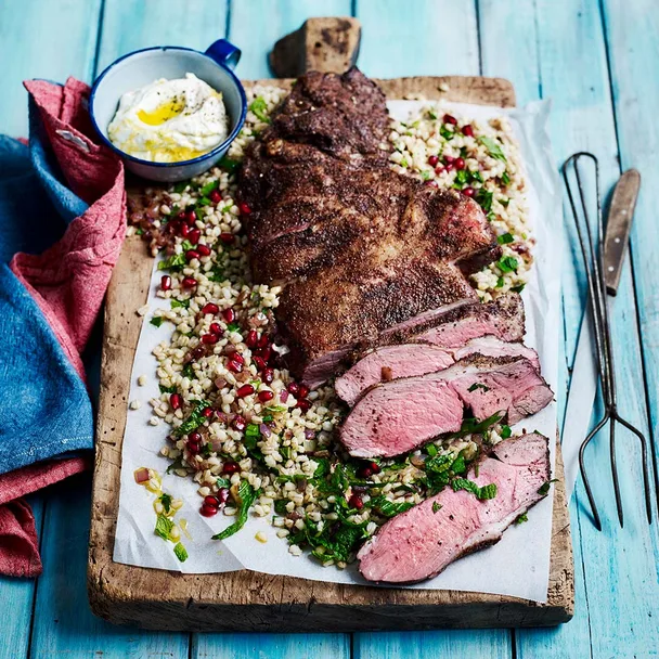 Butterflied leg of lamb with pomegranate pearl barley