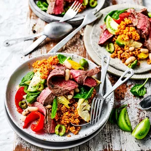 Mediterranean steak salad with farro