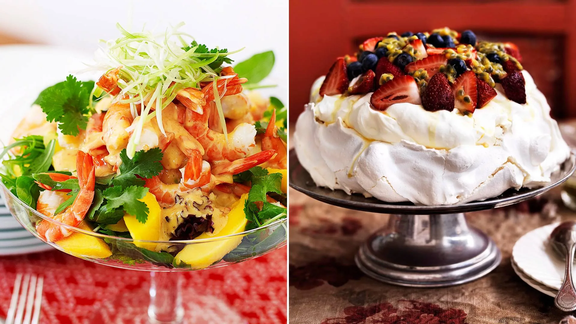 Julie Goodwin's prawn and mango salad; classic Aussie Christmas pavlova