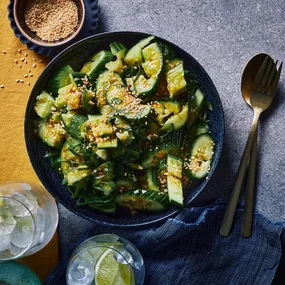 smashed cucumber salad in a bowl