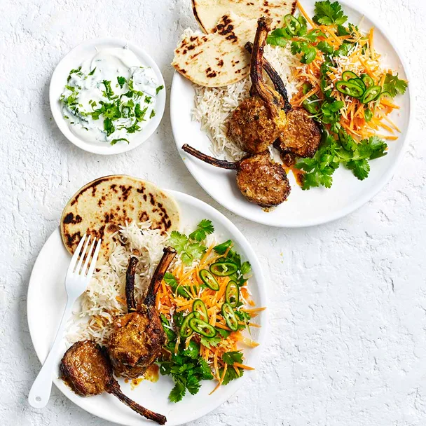 air fryer lamb cutlets with rice, naan, a yoghurt dressing and carrot salad