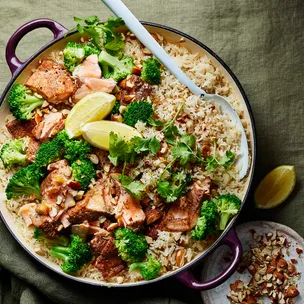 salmon broccoli and rice in a pan