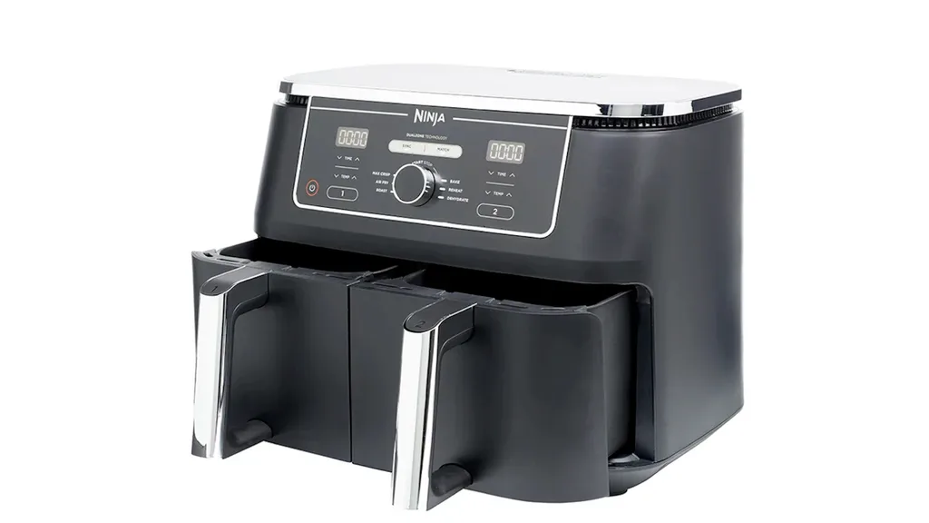 The Ninja Foodi Max XXXL 9.5l Dual Air Fryer with both drawers or 'zones' partly open.