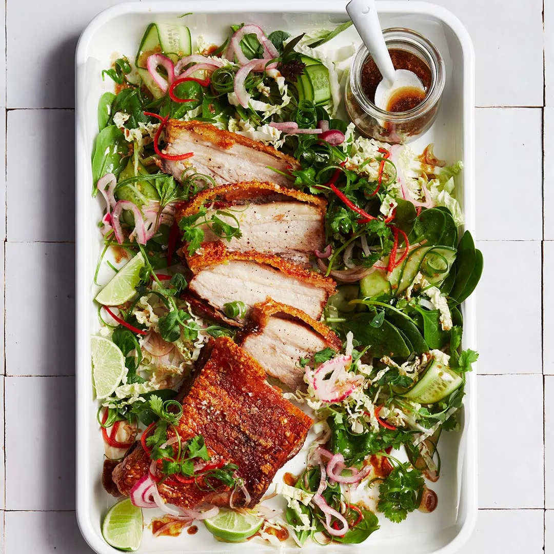 Air fryer pork belly salad with ginger & soy dressing