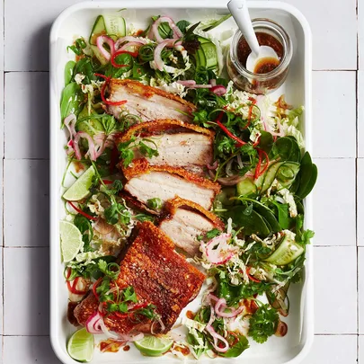 Air fryer pork belly salad with ginger & soy dressing