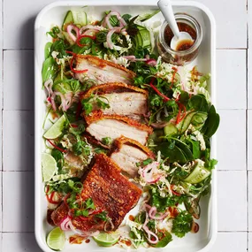 Air fryer pork belly with Asian-inspired salad