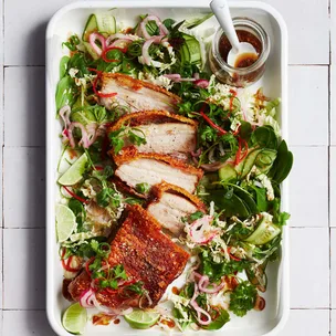 Air fryer pork belly with Asian-inspired salad, one of our pork belly recipes