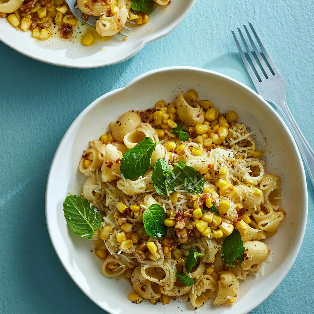 Shell pasta with corn, anchovies & pecorino