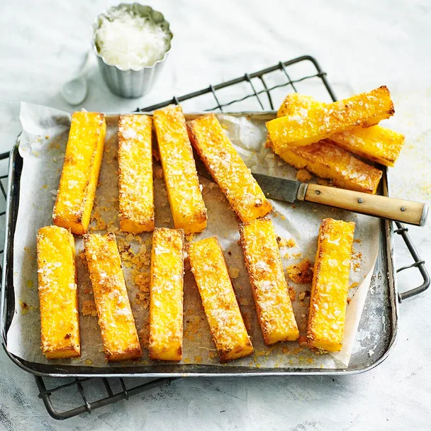 Air fryer polenta chips on a rack