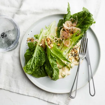 Cos wedges with dukkah & pickled eggplant dressing