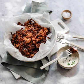 Cauliflower popcorn bites with pickle mayo
