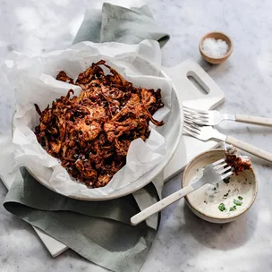 Cauliflower popcorn bites with pickle mayo