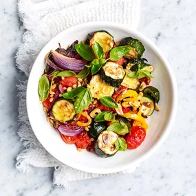 Air fryer roasted ratatouille recipe served in a bowl