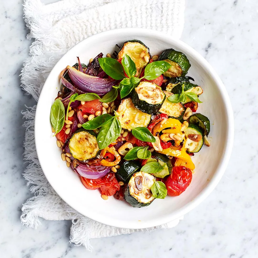 Air fryer roasted ratatouille recipe served in a bowl