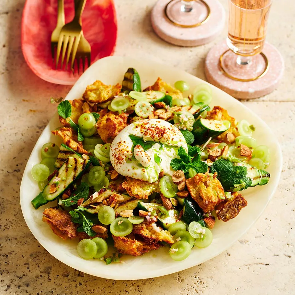 Burrata salad with crunchy bread, zucchini & mint dressing