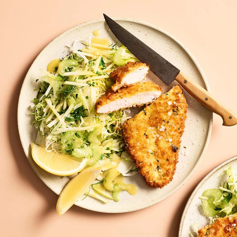 Chicken Schnitty Panko crumbed chicken schnitzel with apple slaw | Women's Weekly Food