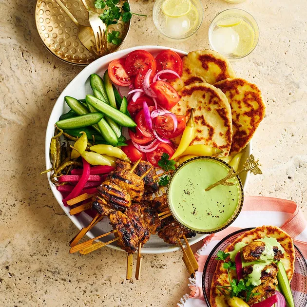 Chicken shawarma platter with haloumi flatbread | Women's Weekly Food