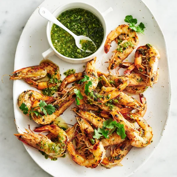 Air fryer prawns with green chilli sauce