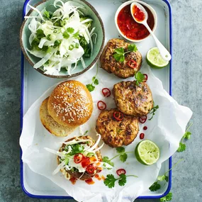 Miso and chilli pork burgers with easy slaw