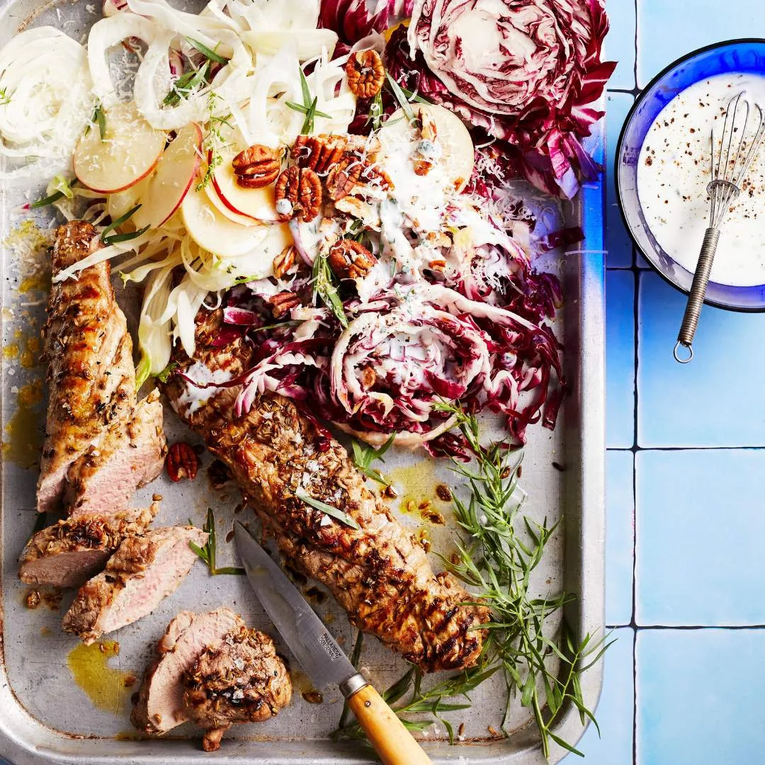 BBQ pork tenderloin with fennel, radicchio, apple & pecans-image