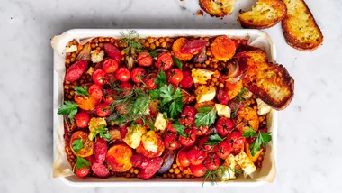 Chorizo and sweet potato tray bake