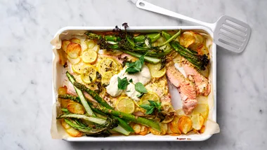 lemony potato and salmon tray bake