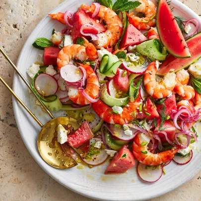 Prawn & watermelon salad with fetta & sumac onions