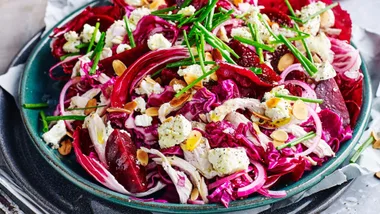 Red salad with barbecued chicken, no cook dinners