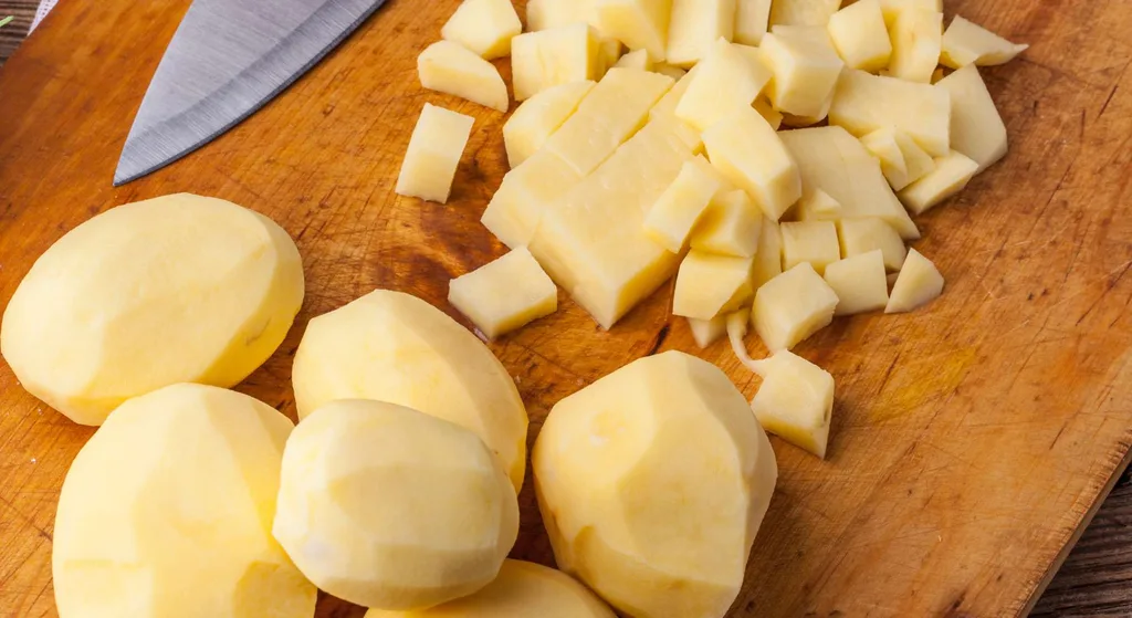 Peeled and chopped potatoes on a chopping board